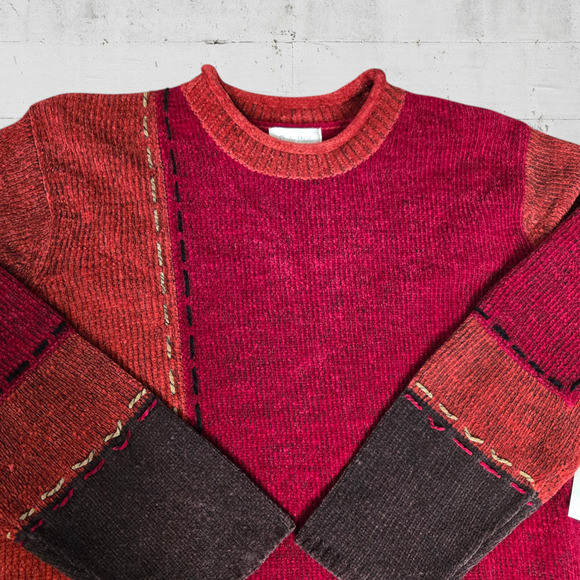 90s Vintage Red Patchwork Chenille Soft Deadstock Crewneck Sweater Size XL - Picture 2 of 9